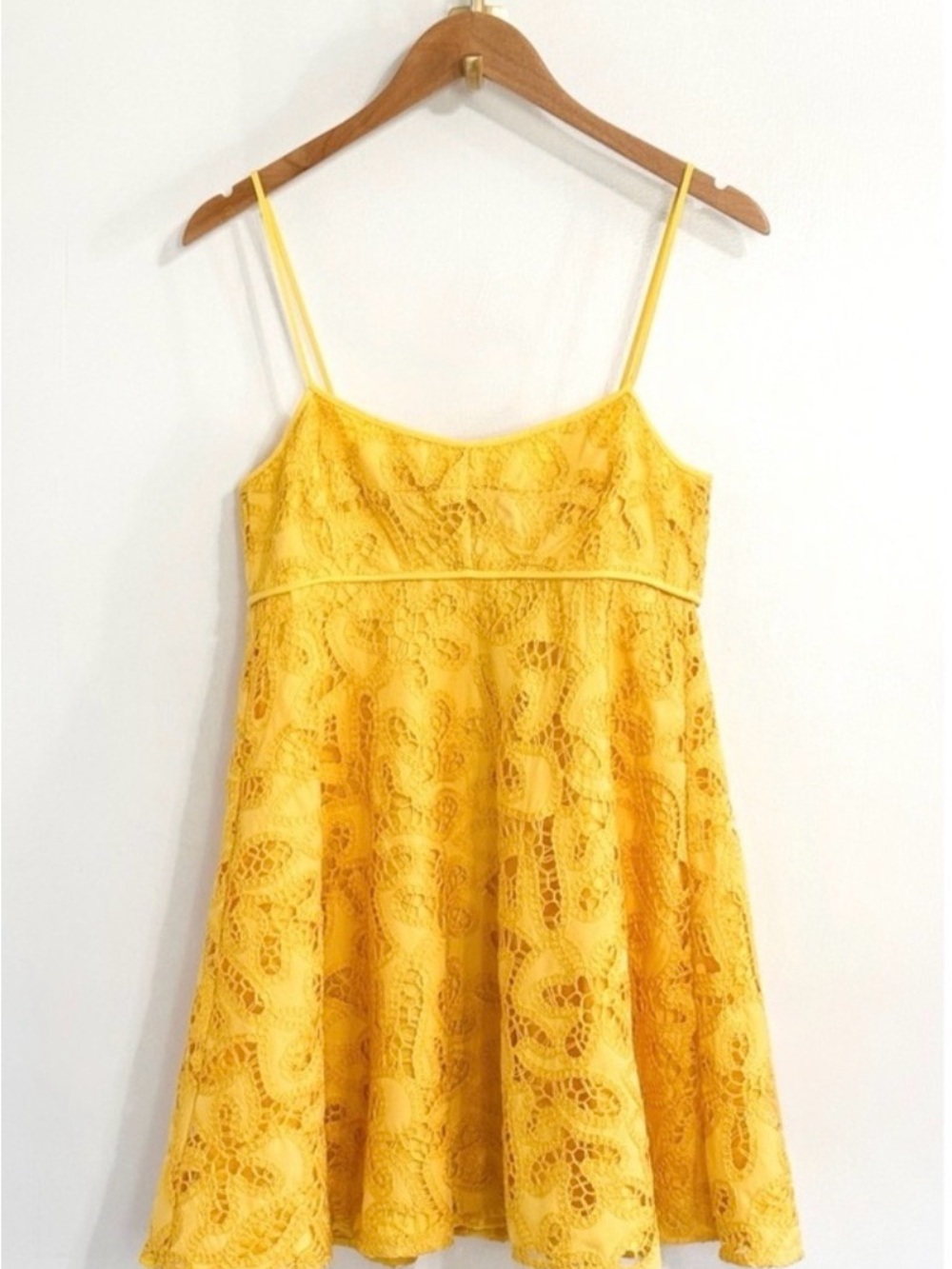 Alexis Bright Yellow Lace Mini Dress with Spaghetti Straps - Picture 4 of 5